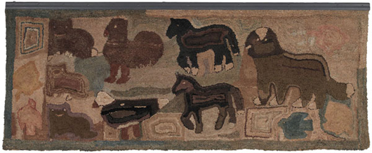 Hooked rug by Magdalena Briner Eby, Perry County, Pa., second half of the 19th century and the beginning of the 20th century. Measuring 45 inches x 115 inches, it is one of the largest examples of her work known. Estimate: $3,000-$6,000. Image courtesy of Pook & Pook Inc.    